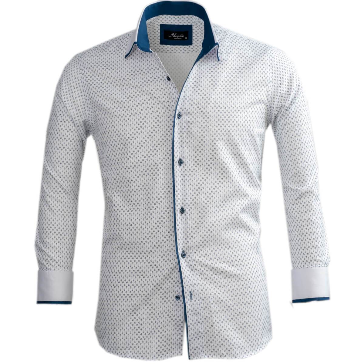 White & Blue Mens Slim Fit Designer Dress Shirt - tailored Cotton Shirts for Work and Casual Wear - Amedeo Exclusive