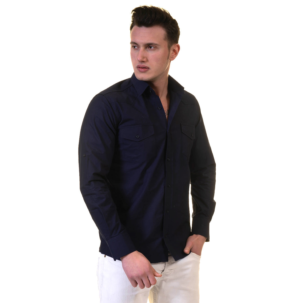 Solid Navy Blue Mens Slim Fit Designer Dress Shirt - tailored Cotton Shirts for Work and Casual Wear - Image 2