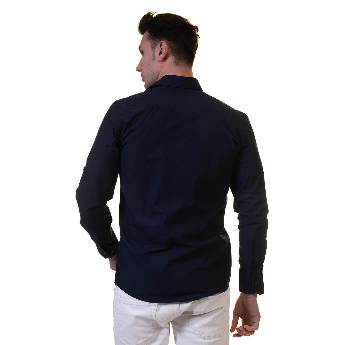 Solid Navy Blue Mens Slim Fit Designer Dress Shirt - tailored Cotton Shirts for Work and Casual Wear - Image 3