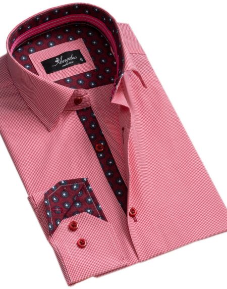 Red White Checkers Mens Slim Fit Designer Dress Shirt - tailored Cotton Shirts for Work and Casual Wear - Amedeo Exclusive