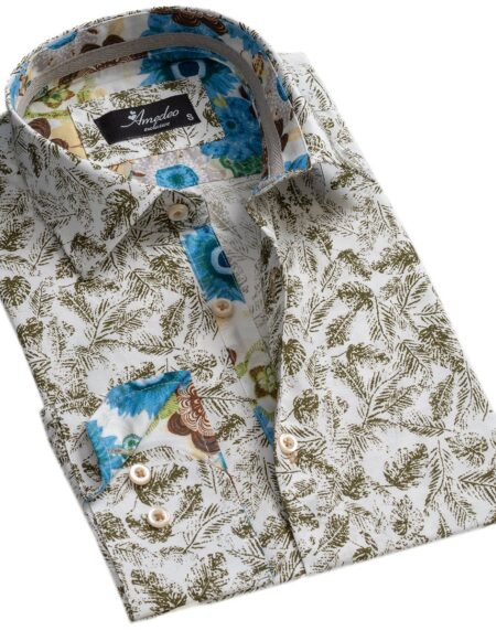 Colorful White Green Mens Slim Fit Designer Dress Shirt - tailored Cotton Shirts for Work and Casual Wear - Amedeo Exclusive