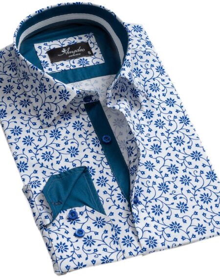 White Blue Floral Mens Slim Fit Designer Dress Shirt - tailored Cotton Shirts for Work and Casual Wear - Amedeo Exclusive