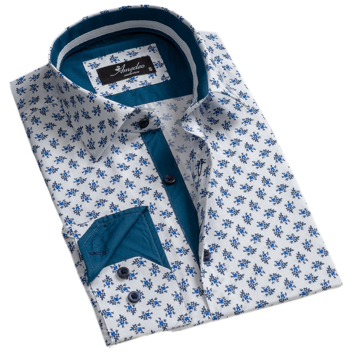 White Blue Floral Mens Slim Fit Designer Dress Shirt - tailored Cotton Shirts for Work and Casual Wear - Amedeo Exclusive