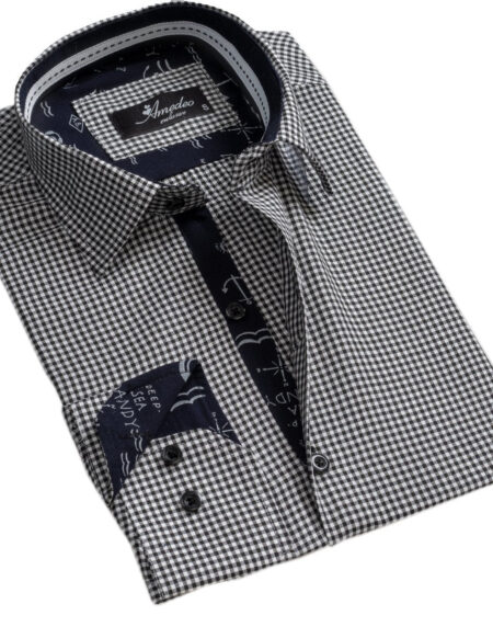 Black White Checkers Mens Slim Fit Designer Dress Shirt - tailored Cotton Shirts for Work and Casual Wear - Amedeo Exclusive