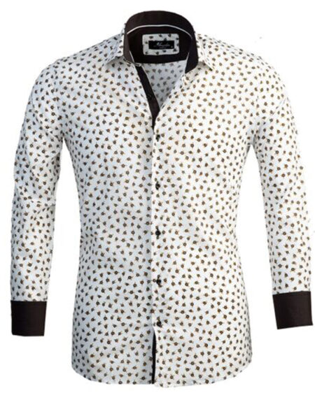 White with Brown Floral Mens Slim Fit Designer Dress Shirt - tailored Cotton Shirts for Work and - Amedeo Exclusive