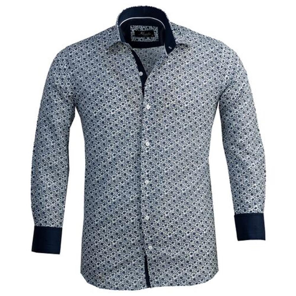 White with Blue Floral Mens Slim Fit Designer Dress Shirt - tailored Cotton Shirts for Work and Casual Wear - Amedeo Exclusive