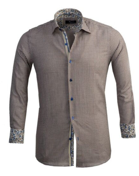 Brown White Checkered Mens Slim Fit Designer Dress Shirt - tailored Cotton Shirts for Work and Casual Wear - Amedeo Exclusive