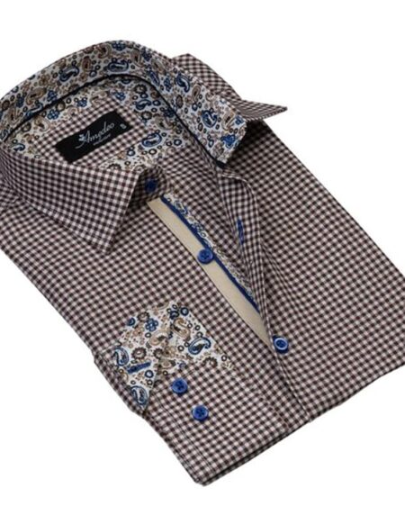 Brown White Checkered Mens Slim Fit Designer Dress Shirt - tailored Cotton Shirts for Work and Casual Wear - Amedeo Exclusive