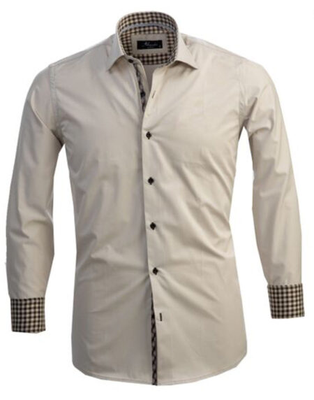 Cream with Brown Mens Slim Fit Designer Dress Shirt - tailored Cotton Shirts for Work and Casual Wear - Amedeo Exclusive