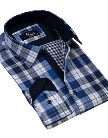Blue White Check Mens Slim Fit Designer Dress Shirt - tailored Cotton Shirts for Work and Casual - Amedeo Exclusive