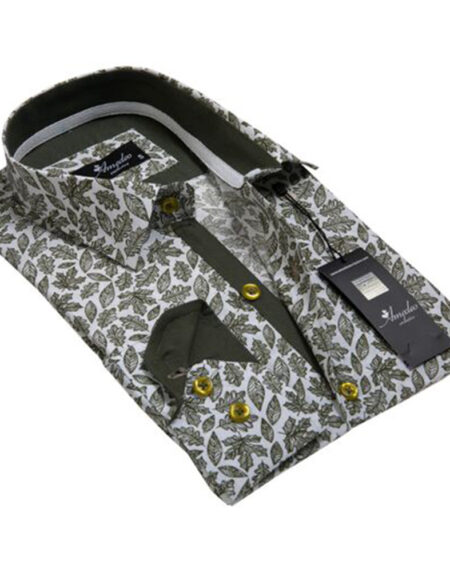 Green White Leaves Mens Slim Fit Designer Dress Shirt - tailored Cotton Shirts for Work and Casual - Amedeo Exclusive