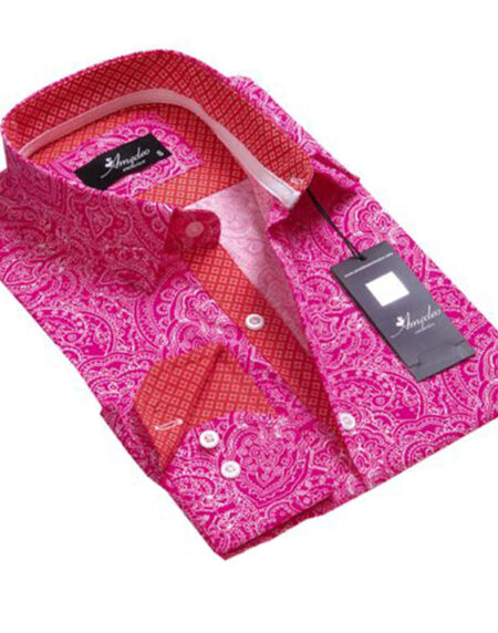 Pink Red & White Paisley Mens Slim Fit Designer Dress Shirt - tailored Cotton Shirts for Work and Casual Wear - Amedeo Exclusive