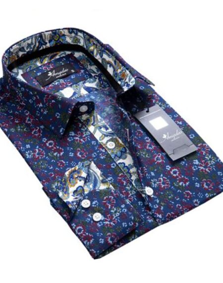 Blue Floral Mens Slim Fit Designer Dress Shirt - tailored Cotton Shirts for Work and Casual Wear - Amedeo Exclusive