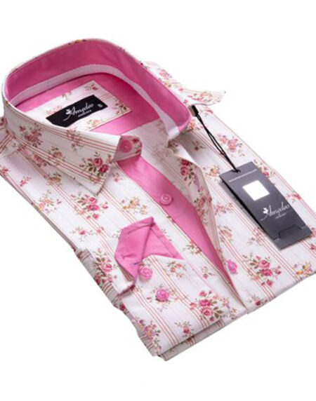 White Pink Striped Floral Mens Slim Fit Designer Dress Shirt - tailored Cotton Shirts for Work and Casual Wear - Amedeo Exclusive
