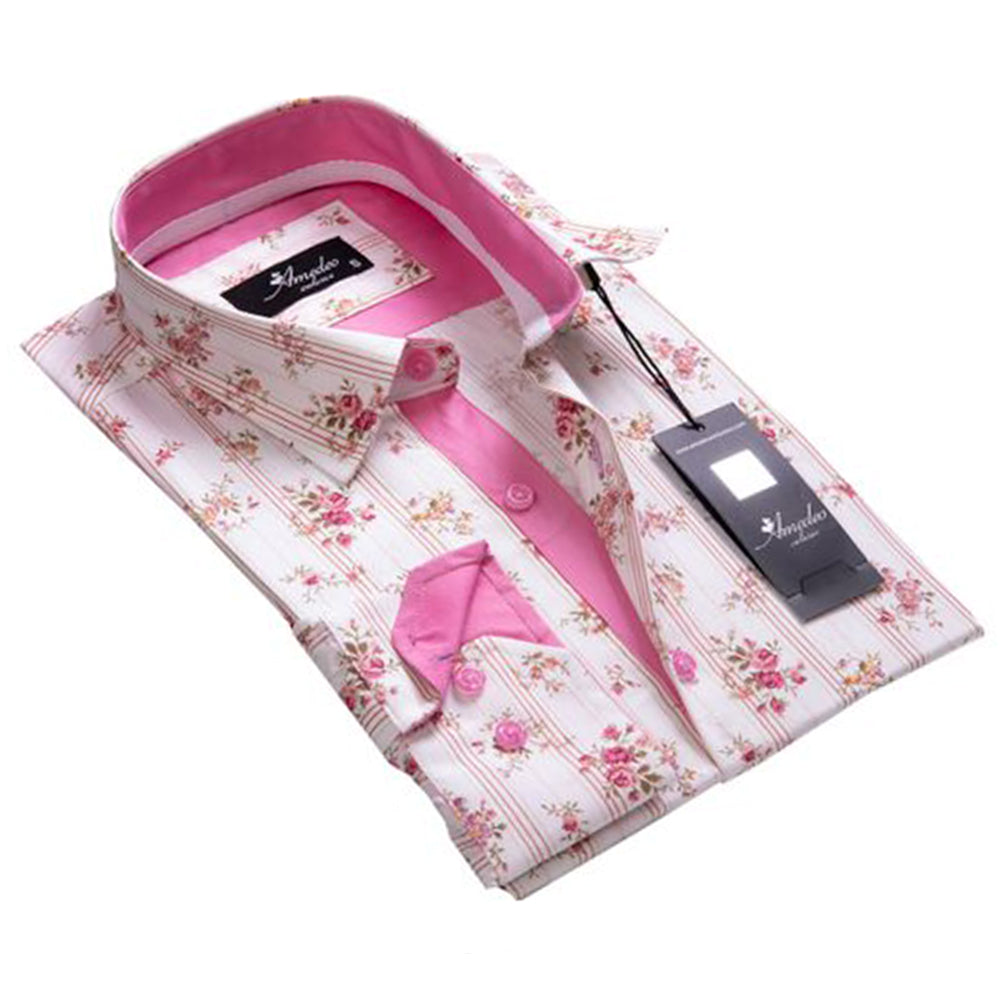 White Pink Striped Floral Mens Slim Fit Designer Dress Shirt - tailored Cotton Shirts for Work and Casual Wear - Amedeo Exclusive