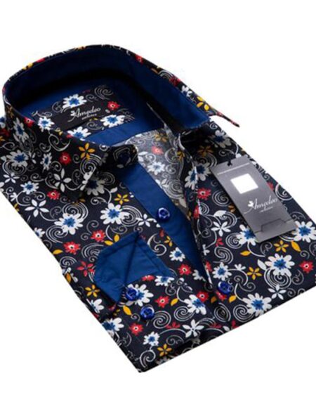 Black Red Colorful Floral Mens Slim Fit Designer Dress Shirt - tailored Cotton Shirts for Work and Casual Wear - Amedeo Exclusive