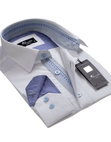 Solid White with Denim Blue Mens Slim Fit Designer Dress Shirt - tailored Cotton Shirts for Work and - Amedeo Exclusive