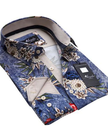 Purplish Blue Floral Mens Slim Fit Designer Dress Shirt - tailored Cotton Shirts for Work and Casual Wear - Amedeo Exclusive