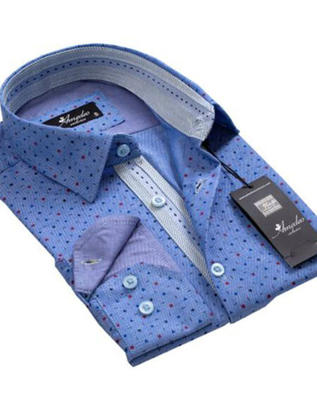 Geometric Denim Blue Mens Slim Fit Designer Dress Shirt - tailored Cotton Shirts for Work and Casual - Amedeo Exclusive