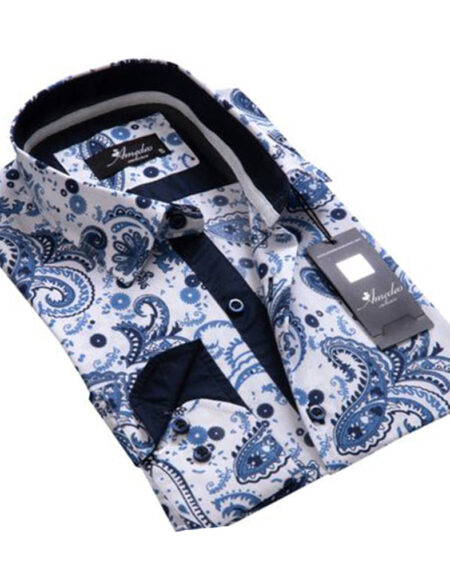 White Blue Paisley Mens Slim Fit Designer Dress Shirt - tailored Cotton Shirts for Work and Casual Wear - Amedeo Exclusive