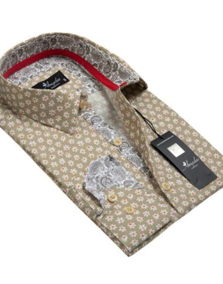 Beige Floral Mens Slim Fit Designer Dress Shirt - tailored Cotton Shirts for Work and Casual Wear - Amedeo Exclusive