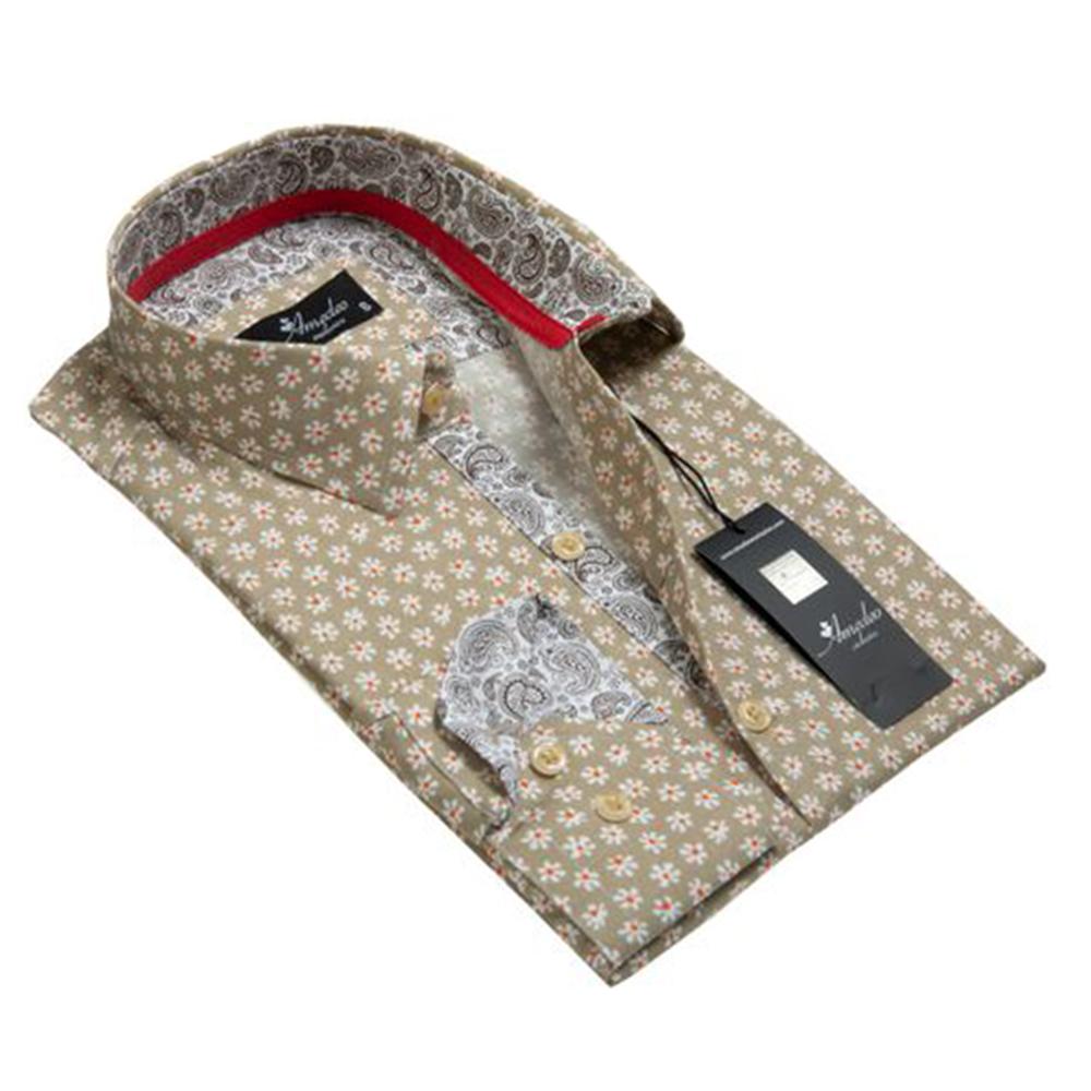 Beige Floral Mens Slim Fit Designer Dress Shirt - tailored Cotton Shirts for Work and Casual Wear - Amedeo Exclusive