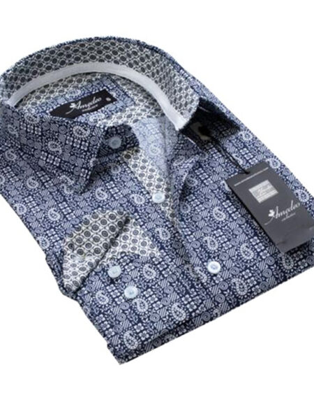 Navy Blue with White Paisley Mens Slim Fit Designer Dress Shirt - tailored Cotton Shirts for Work - Amedeo Exclusive