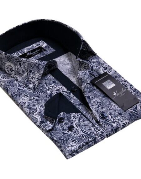 Black White Floral Mens Slim Fit Designer Dress Shirt - tailored Cotton Shirts for Work and Casual Wear - Amedeo Exclusive