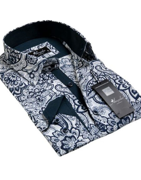 White Navy Blue Floral Mens Slim Fit Designer Dress Shirt - tailored Cotton Shirts for Work and - Amedeo Exclusive