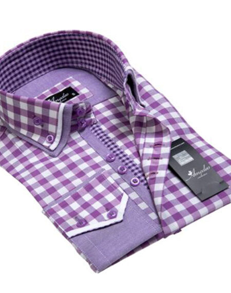 Purple White Checkers Mens Slim Fit Designer Dress Shirt - tailored Cotton Shirts for Work and - Amedeo Exclusive