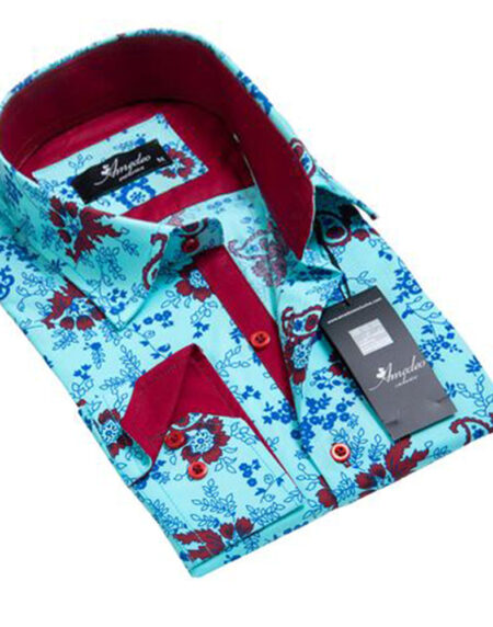 Turquoise Blue Paisley Mens Slim Fit Designer Dress Shirt - tailored Cotton Shirts for Work and - Amedeo Exclusive