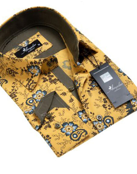 Yellow Floral Mens Slim Fit Designer Dress Shirt - tailored Cotton Shirts for Work and Casual Wear - Amedeo Exclusive