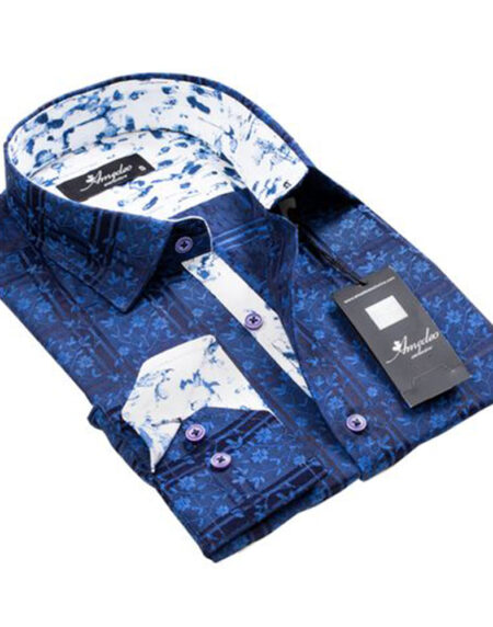 Electrical Blue Floral Mens Slim Fit Designer Dress Shirt - tailored Cotton Shirts for Work and - Amedeo Exclusive
