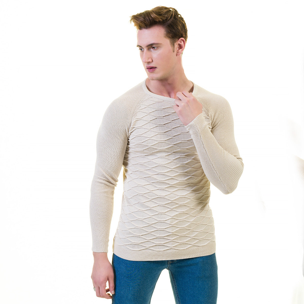 Off White Printed European Wool Luxury Zippered With Sweater Jacket Warm Winter Tailor Fit - Image 2