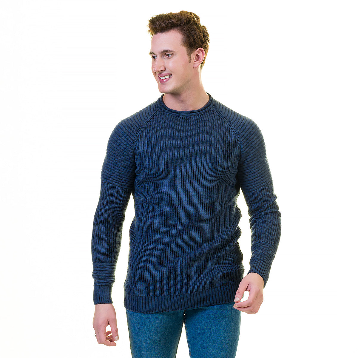 Blue Rounded Neck European Wool Luxury Zippered With Sweater Jacket Warm Winter Tailor Fit - Image 6