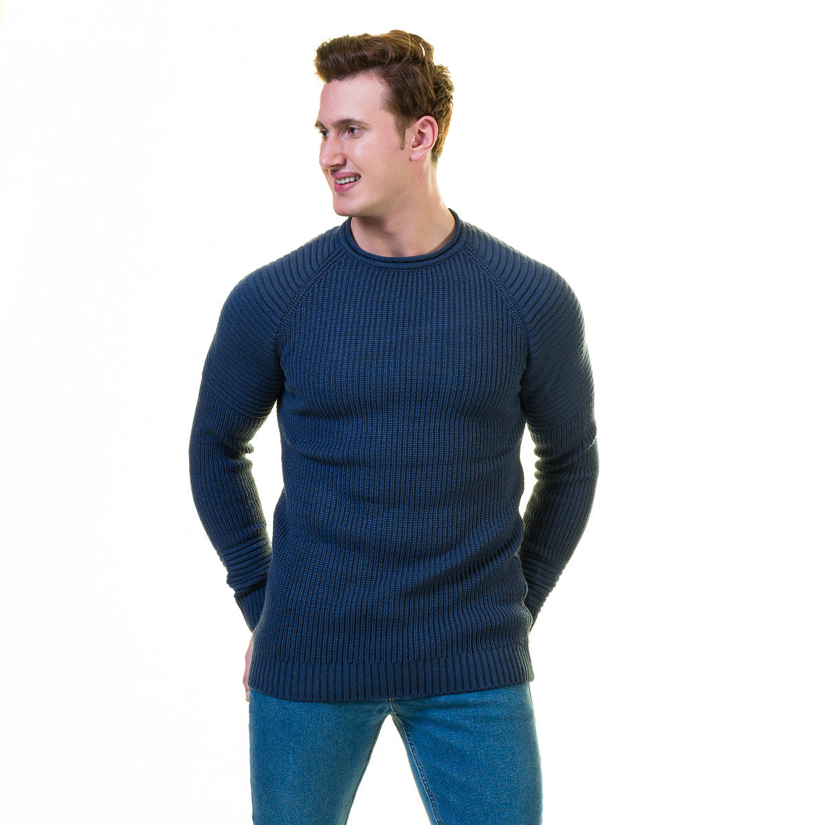Blue Rounded Neck European Wool Luxury Zippered With Sweater Jacket Warm Winter Tailor Fit