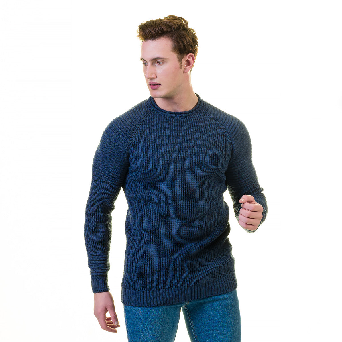 Blue Rounded Neck European Wool Luxury Zippered With Sweater Jacket Warm Winter Tailor Fit - Image 2
