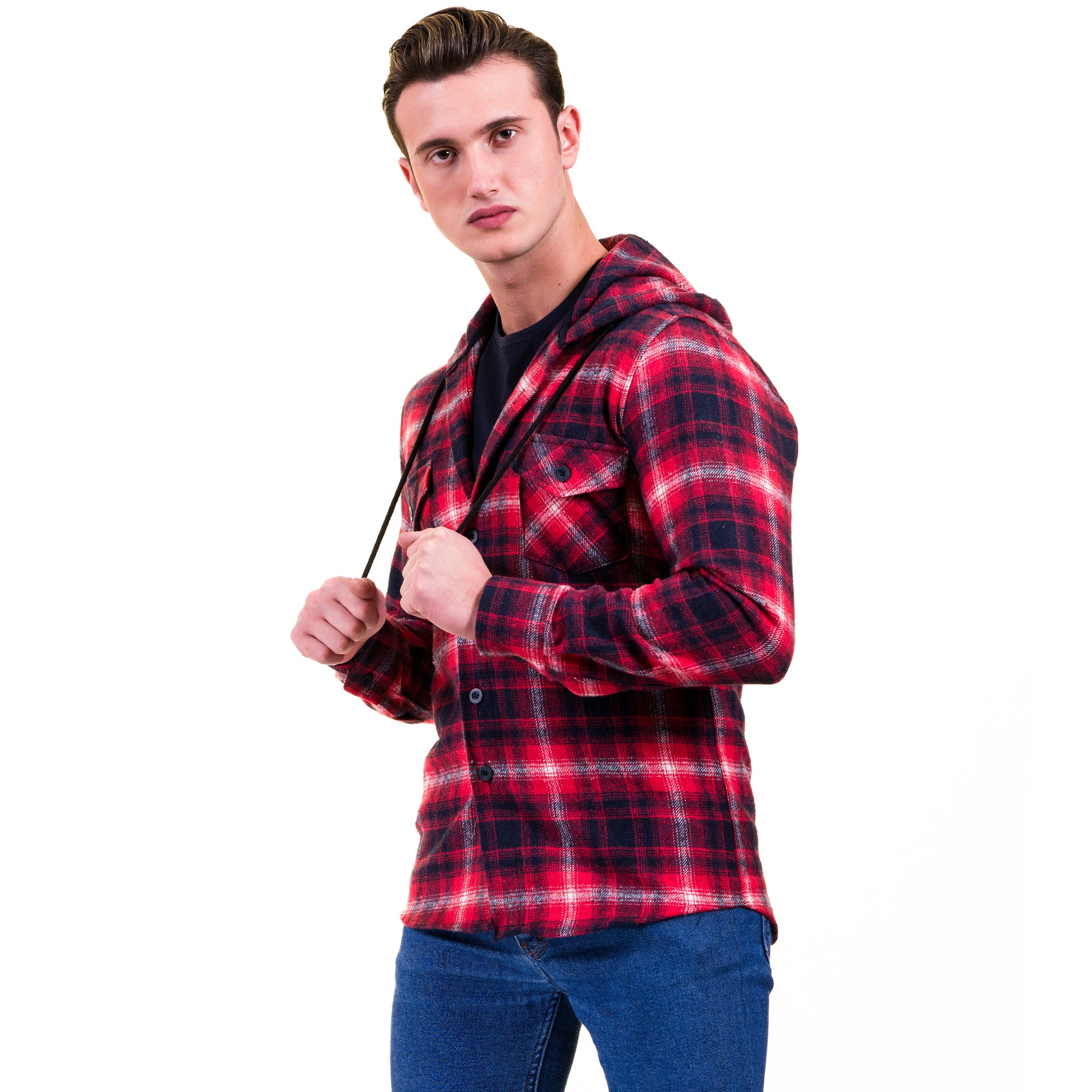 Red White Black Check European Wool Luxury Zippered With Hoodie Sweater Jacket Warm Winter Tailor Fit - Image 3