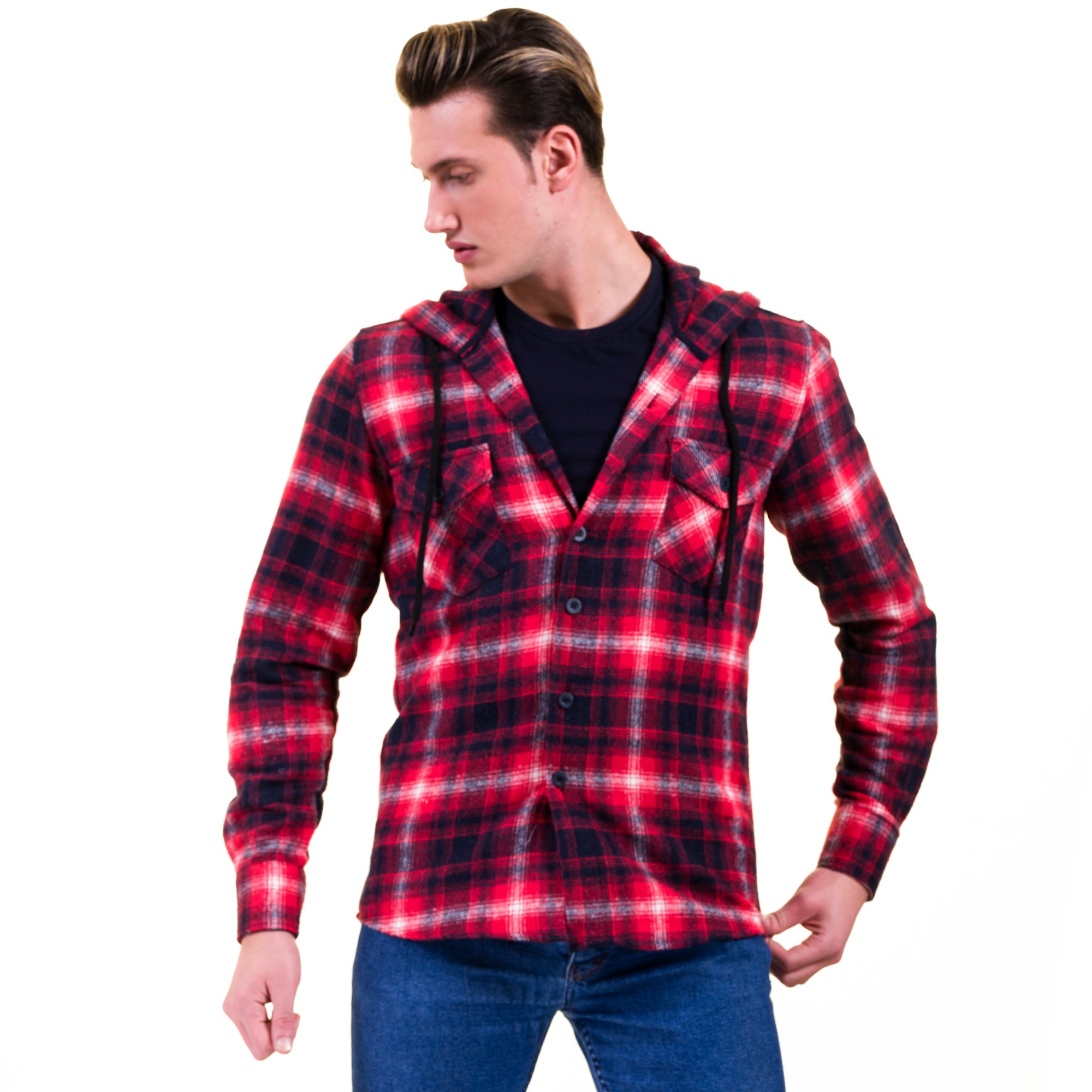 Red White Black Check European Wool Luxury Zippered With Hoodie Sweater Jacket Warm Winter Tailor Fit - Image 4