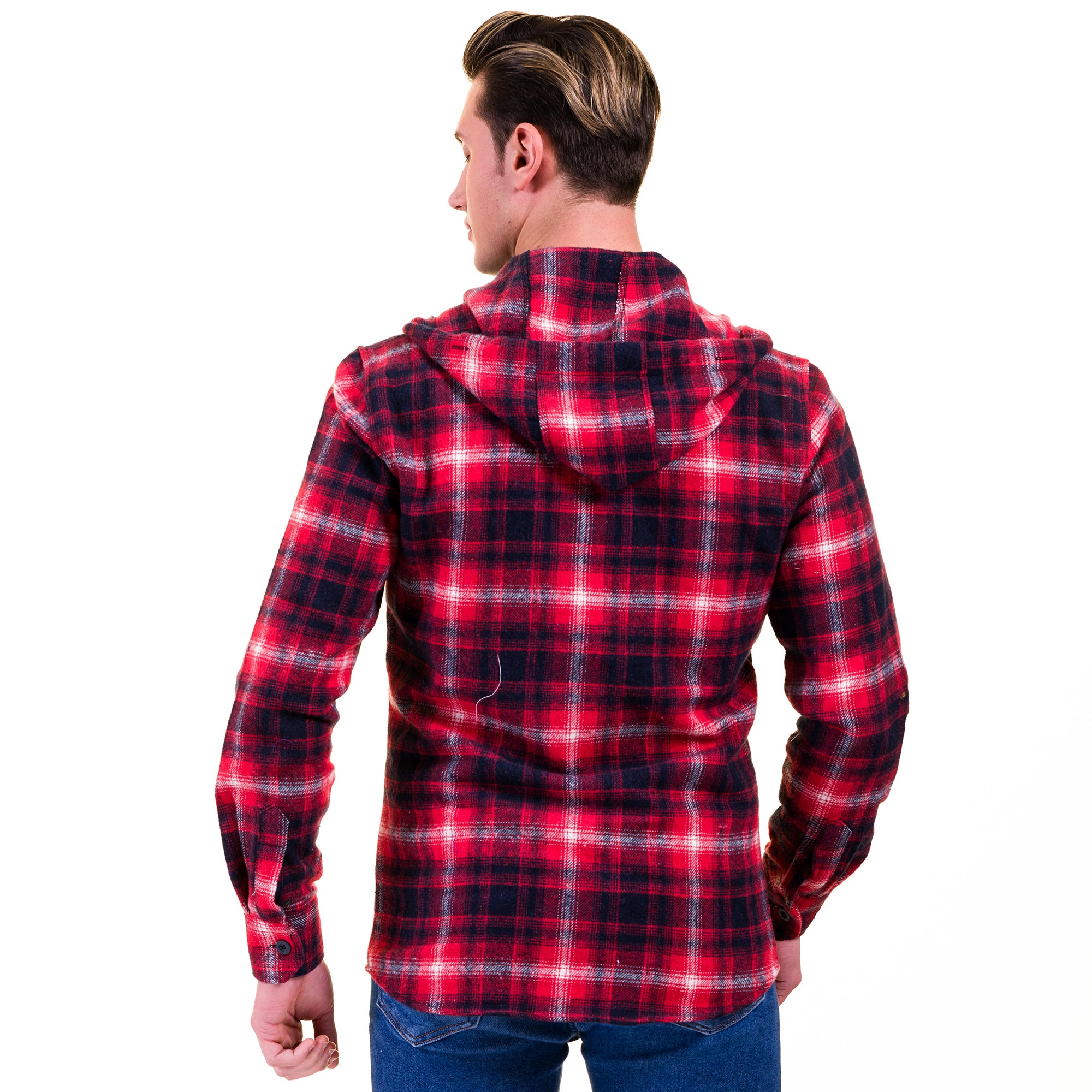 Red White Black Check European Wool Luxury Zippered With Hoodie Sweater Jacket Warm Winter Tailor Fit - Image 2