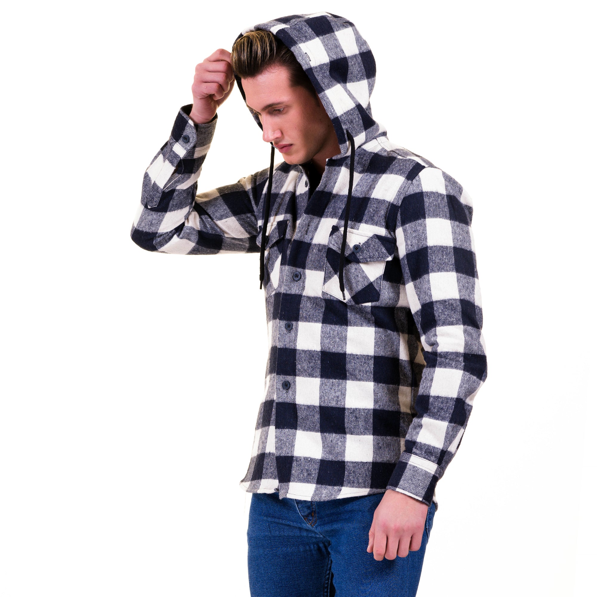 Navy Blue & White European Wool Luxury Zippered With Hoodie Sweater Jacket Warm Winter Tailor Fit - Image 2