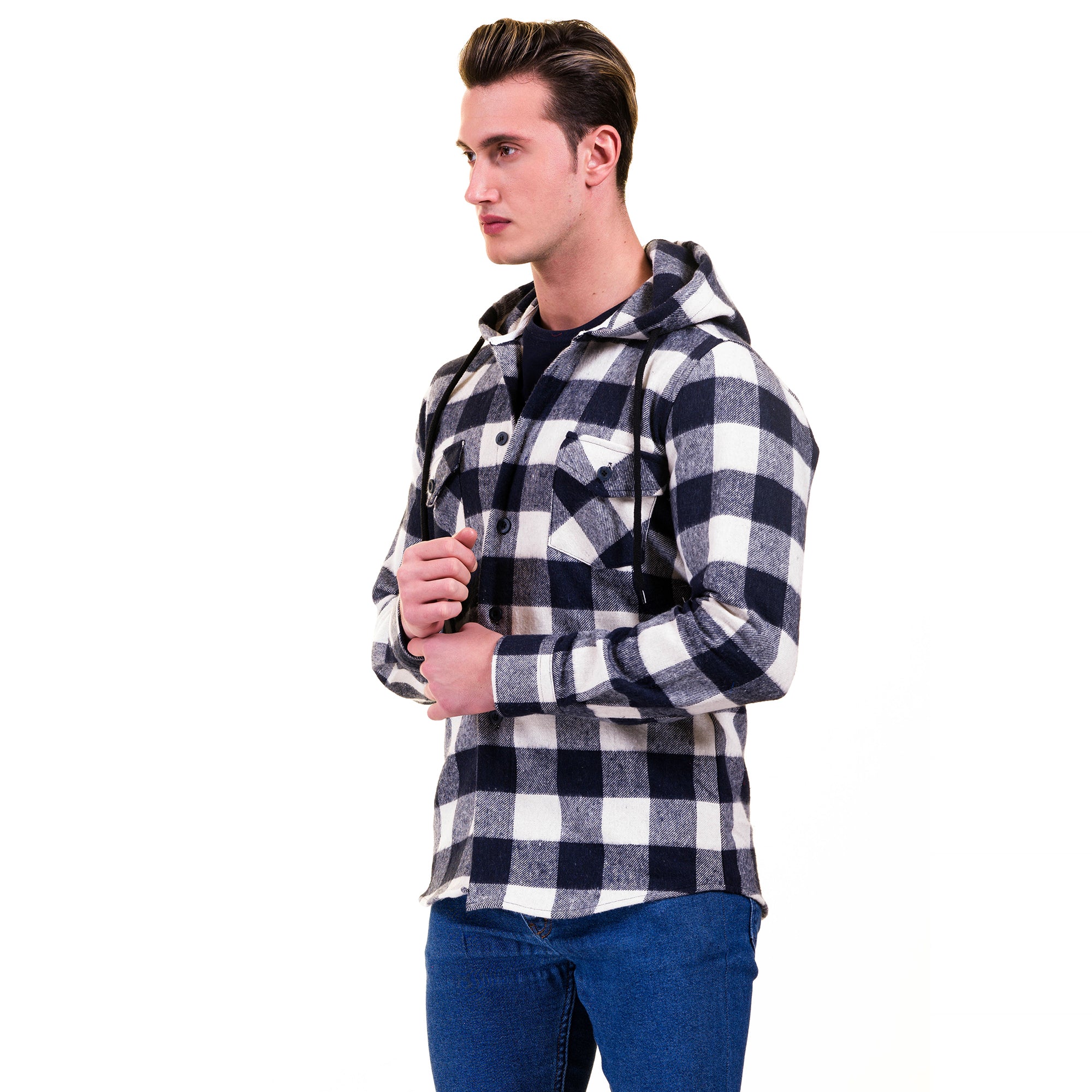 Navy Blue & White European Wool Luxury Zippered With Hoodie Sweater Jacket Warm Winter Tailor Fit - Image 3