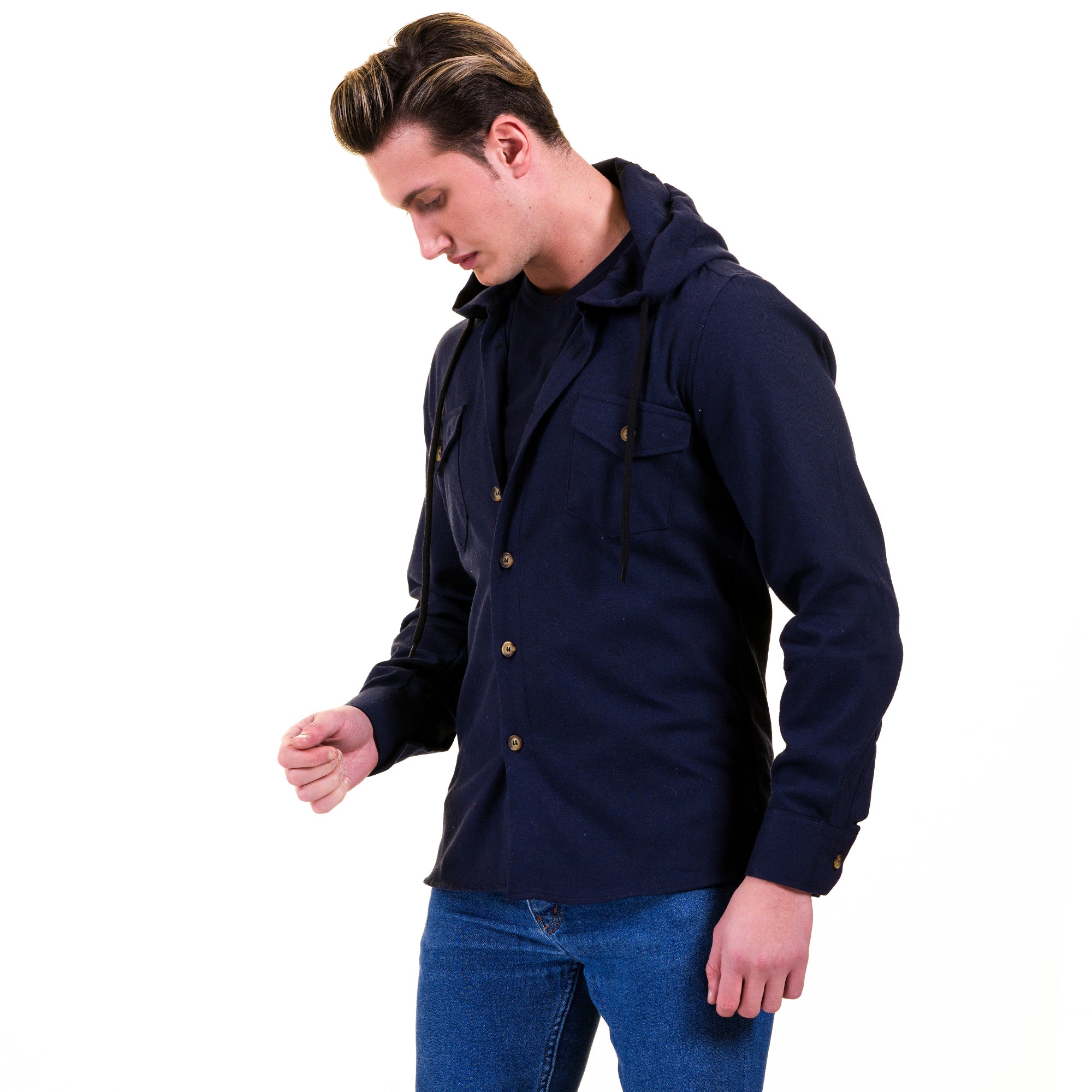 Solid Navy Blue European Wool Luxury Zippered With Hoodie Sweater Jacket Warm Winter Tailor Fit - Image 2