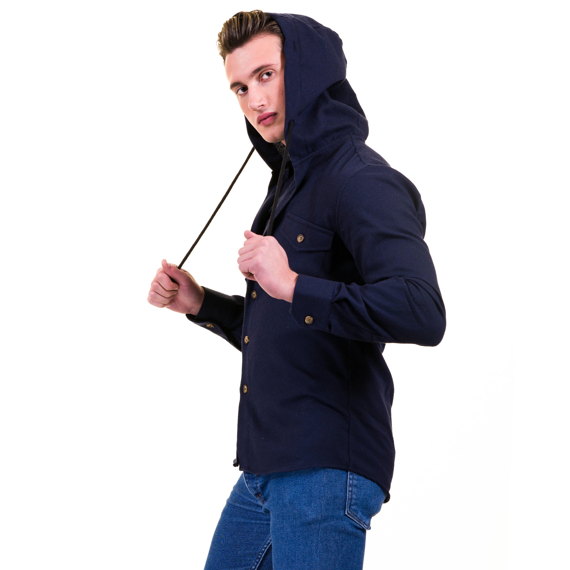 Solid Navy Blue European Wool Luxury Zippered With Hoodie Sweater Jacket Warm Winter Tailor Fit - Image 3