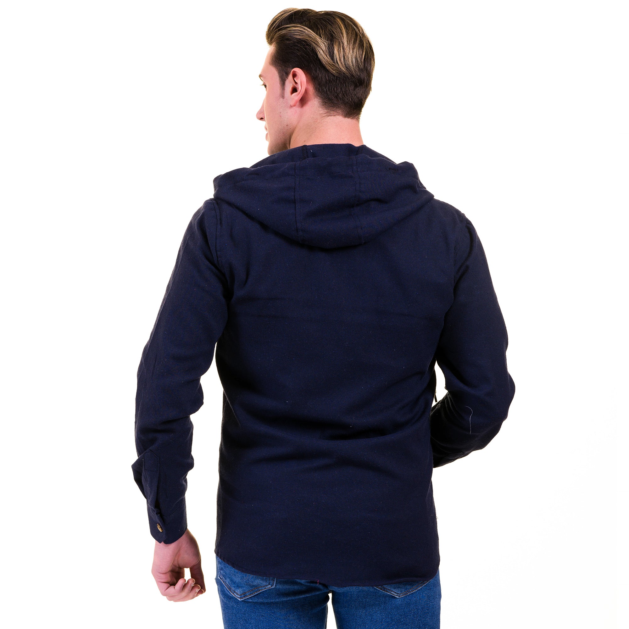 Solid Navy Blue European Wool Luxury Zippered With Hoodie Sweater Jacket Warm Winter Tailor Fit - Image 4
