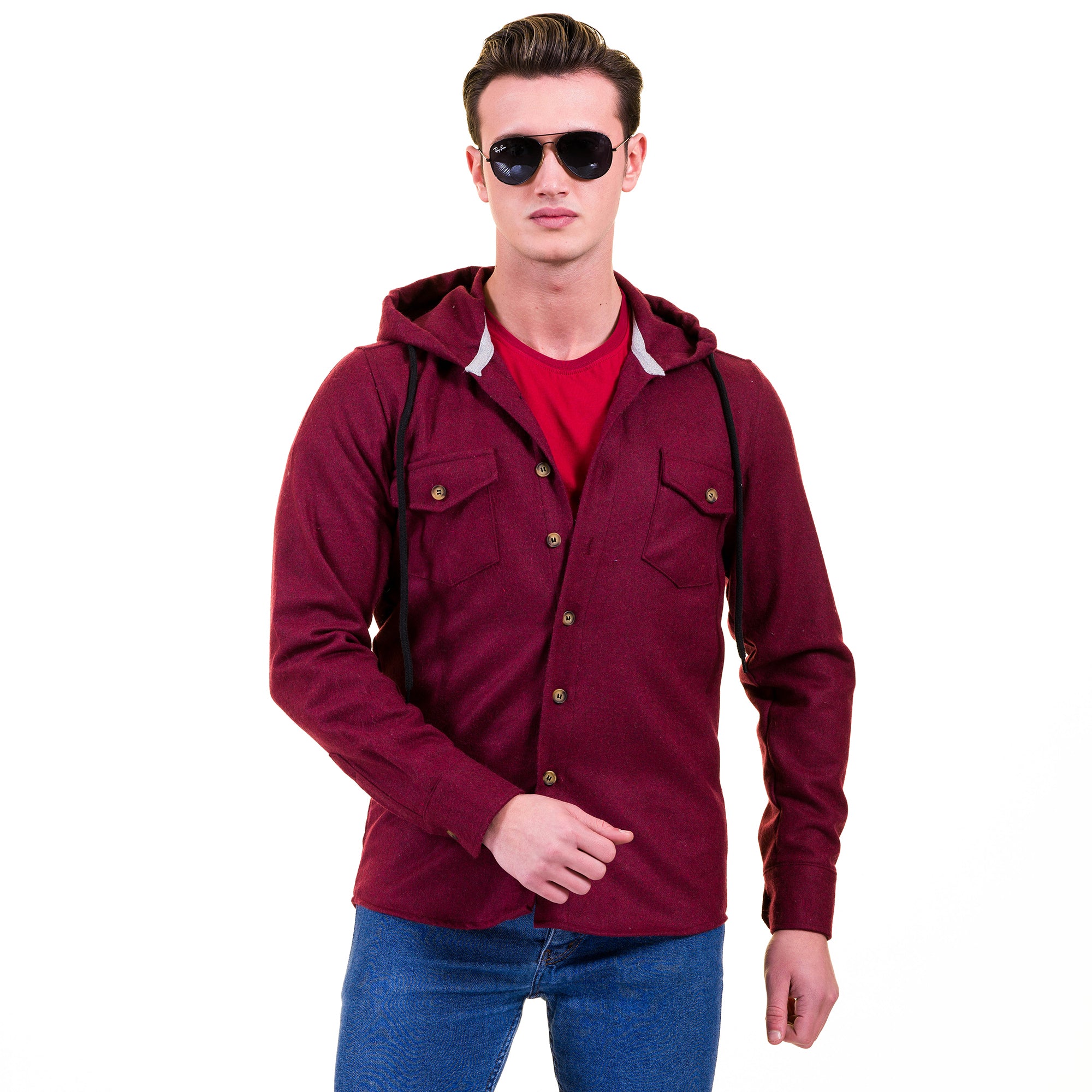 Solid Burgandy European Wool Luxury Zippered With Hoodie Sweater Jacket Warm Winter Tailor Fit - Image 3