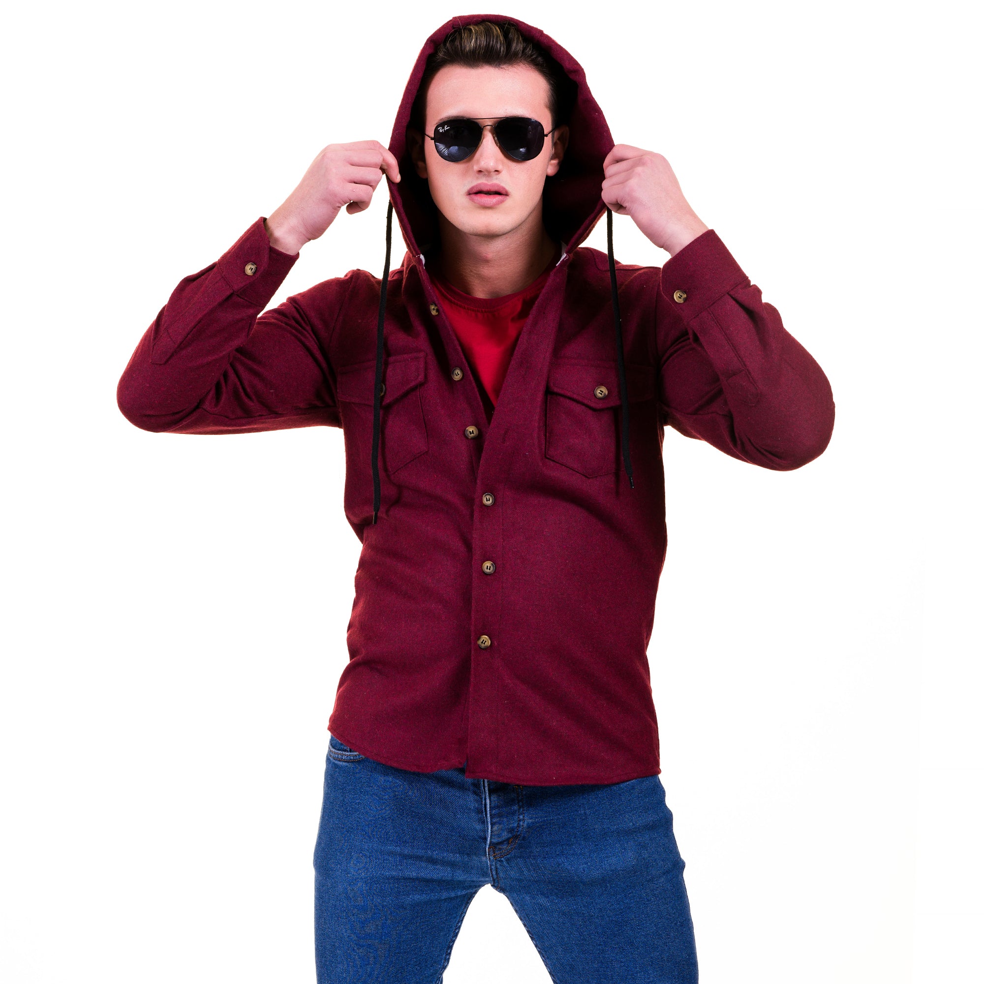 Solid Burgandy European Wool Luxury Zippered With Hoodie Sweater Jacket Warm Winter Tailor Fit - Image 4