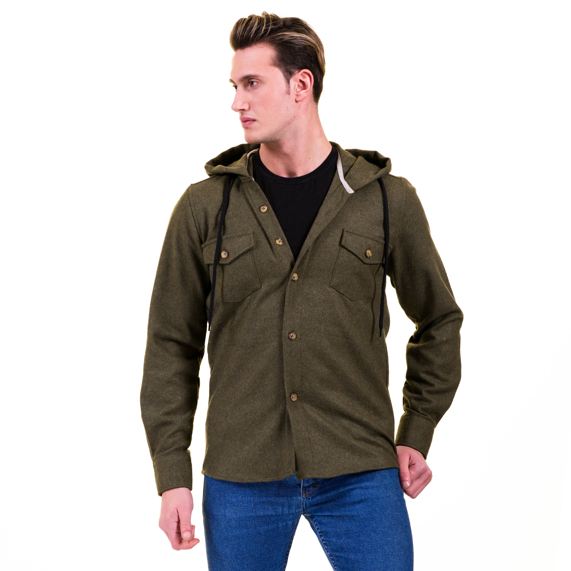 Solid Olive Green European Wool Luxury Zippered With Hoodie Sweater Jacket Warm Winter Tailor Fit - Image 3