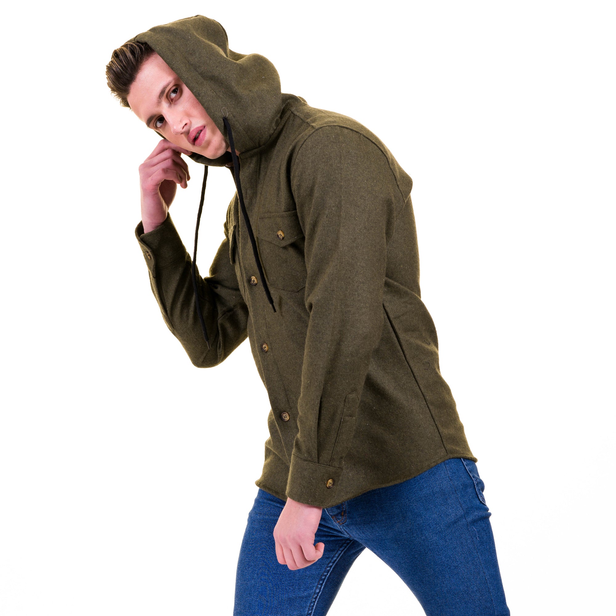 Solid Olive Green European Wool Luxury Zippered With Hoodie Sweater Jacket Warm Winter Tailor Fit - Image 2
