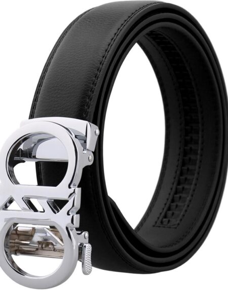 Amedeo Exclusive Men's Silver Slide Buckle Black Leather Belt - Amedeo Exclusive